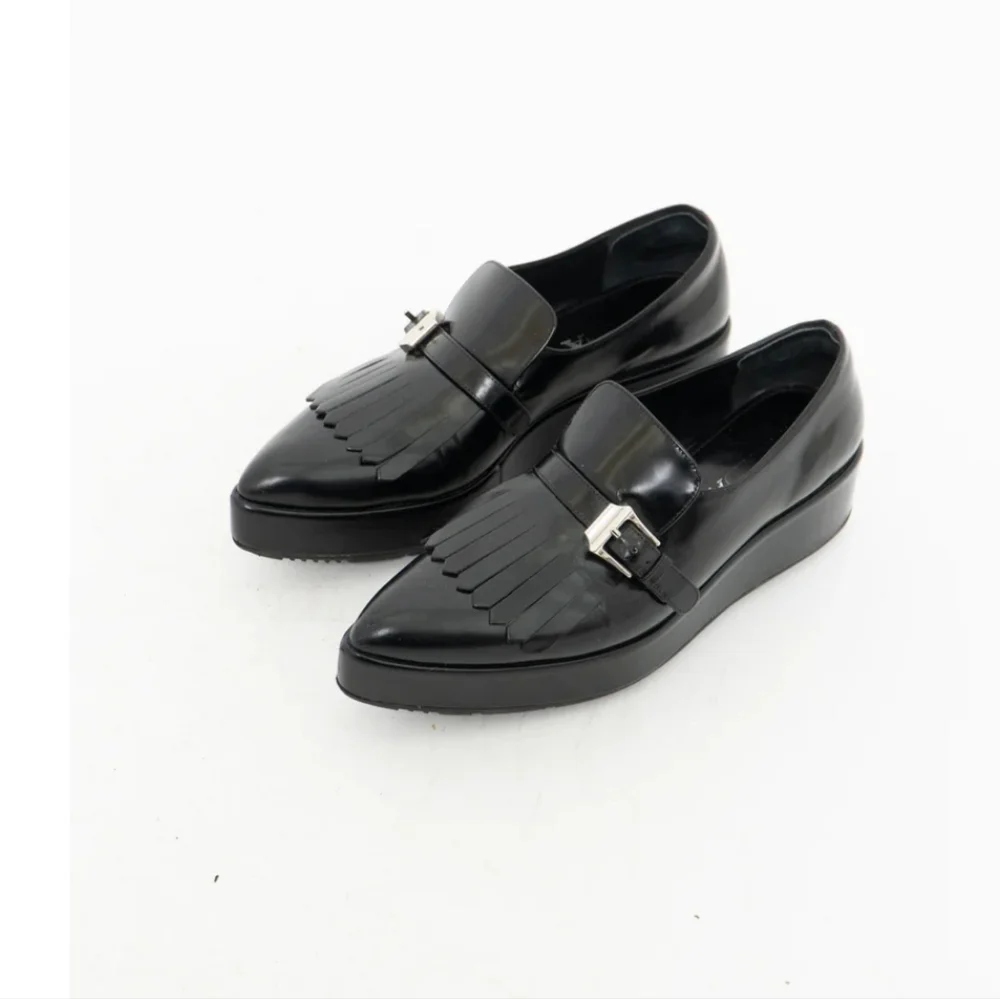 Prada Black Leather Kiltie Loafers with Silver Buckle - Picture 2 of 9